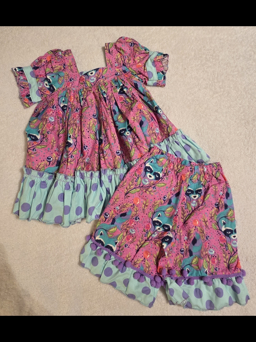 Handmade Girls Pink/Blue Racoon Shirt Set (Size 4T)